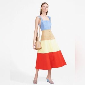 STAUD Ariel Colour-Blocked Midi Dress faux button front colour tiers side zip 2